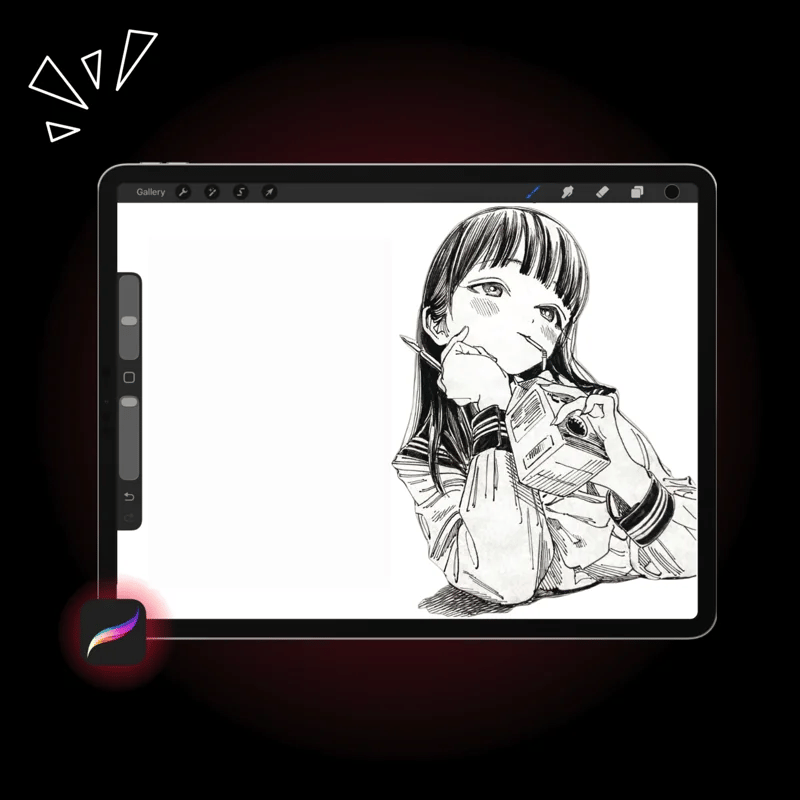 PRO Manga Kit for Procreate displayed on an iPad, showcasing thousands of premium manga brushes, chibi stamps, eye and hair tools, poses, screentones and FX ready for use in Procreate.